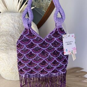 Viral Purple Beaded Bag with Fringe, NWT Handcrafted In India